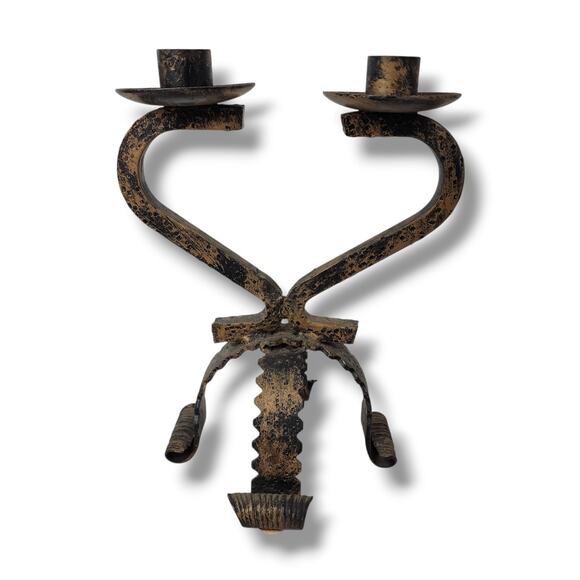 Vintage Spanish Brutalist Candlestick Holder 2 Dual Arm Metal Black Gold Heavy - Picture 1 of 11